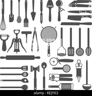Divers ustensiles de cuisine silhouette vector icons set. Illustration de Vecteur