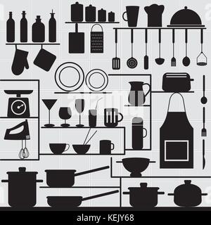 Restaurant et cuisine d'ossature des icônes sur mur carrelé gris. Illustration de Vecteur