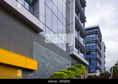 Les immeubles de bureaux au parc olympique, à Sydney, en Australie. Le verre extérieur de bâtiments commerciaux. escalier et en face de l'usine de bâtiments d'affaires. Banque D'Images