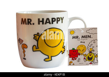 M. heureux mug avec Mr Men tag label isolé sur fond blanc Banque D'Images