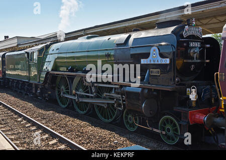 La machine à vapeur, le "Tornado" s'est arrêté à la gare de Taunton à prendre l'eau tout en tirant le Torbay Express en été 2017 Banque D'Images