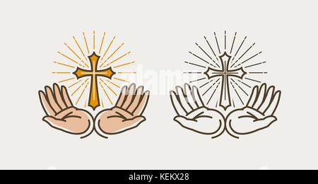Mains et croix, crucifixion. Dieu, bible, religion, foi, église, symbole ou icône de prière. Illustration vectorielle Illustration de Vecteur