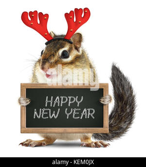 Funny animal tamia avec cornes noël tenir ardoise sur bonne année tiens Banque D'Images