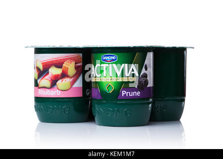 Londres, Royaume-Uni - 20 octobre 2017 : pack d'Activia yaourt avec la rhubarbe et prune sur fond blanc. activia est une marque de yaourts administré par le groupe Danone. Banque D'Images