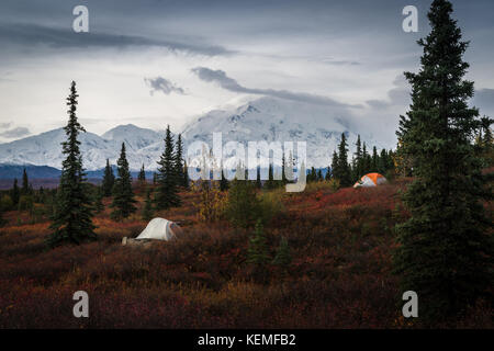 Camping dans le camping du lac étonnant, avec une vue sur le mont Denali. Banque D'Images