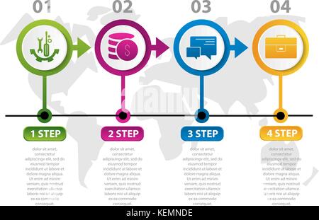 Vector illustration. infographie avec l'image de 4 cercles, sous la forme de goutte. Style 3d avec carte du monde et quatre étapes. utilisé pour les entreprises p Illustration de Vecteur