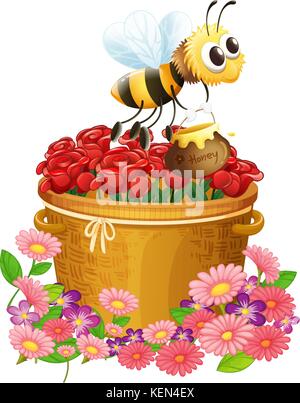 Illustration d'un panier de roses rouges et une abeille avec un pot de miel sur un fond blanc Illustration de Vecteur