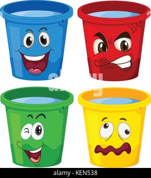 Illustration des seaux avec des visages sur fond blanc Illustration de Vecteur