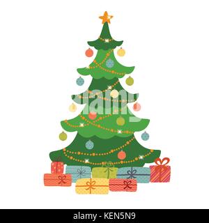 Étoiles, boules de décoration et la chaîne de l'ampoule de l'arbre de Noël décoré avec beaucoup de boîtes cadeaux. Illustration de Vecteur