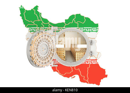 Les réserves d'or de l'Iran, concept d'avion vault avec barres d'or. Le rendu 3D isolé sur fond blanc Banque D'Images