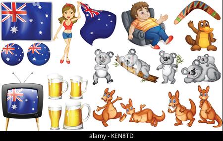 Australian thème défini avec les drapeaux et les animaux Illustration de Vecteur