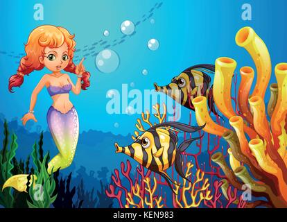 Illustration d'une sirène en regardant les deux poissons Illustration de Vecteur