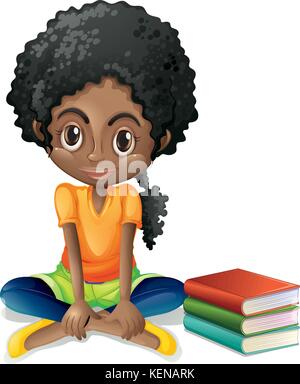 Illustration d'une jeune fille noire, assis près d'elle des livres sur un fond blanc Illustration de Vecteur