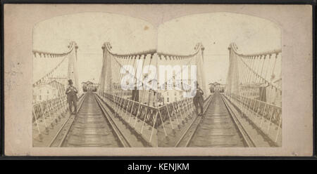 Photographie stéréoscopique montrant un homme portant un chapeau haut de gamme debout sur la voie ferrée du pont suspendu de Niagara. Cette image fait partie de la collection Robert N. Dennis, qui présente des vues historiques de monuments. Banque D'Images
