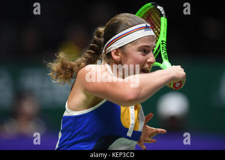 Singapour. 22 octobre, 2017. jelena ostapenko (lat), Oct 22, 2017 tennis - wta : bnp paribas Singapour 2017 finale match entre jelena ostapenko (lat) 0-2 garbine muguruza (esp) au stade inddor à Singapour. crédit : haruhiko otsuka/aflo/Alamy live news Banque D'Images