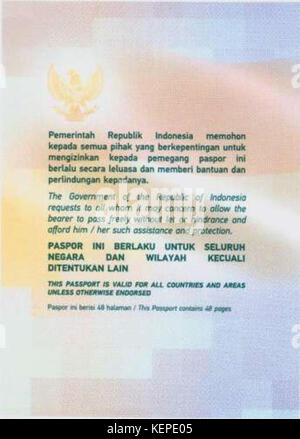 Passeport indonésien page 1 2014 Banque D'Images