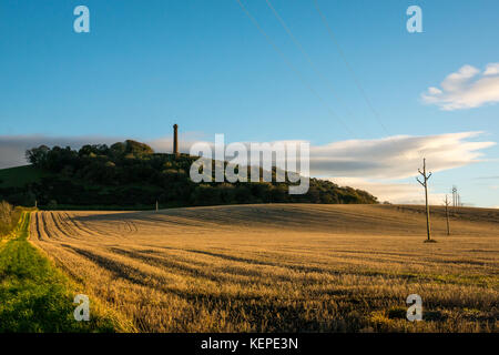 Vue sur colline Hopetoun monument sur Byres Hill, East Lothian, Scotland, UK, à travers un champ moissonné en basse lumière du soleil de l'après-midi avant le crépuscule Banque D'Images