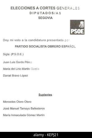 Les élections générales espagnoles de 2016 Bulletin de Segovia PSOE Banque D'Images