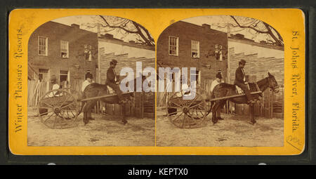 Vue d'un homme avec mule panier en face de la maison, à partir de Robert N. Dennis collection de vues stéréoscopiques Banque D'Images