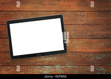 D'une maquette d'argent noir moderne sur une tablette numérique vintage table en bois ( haute angel view) Banque D'Images