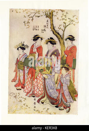 La légende de cette illustration se lit comme suit : Utamaro : Midorigi de Wakamatsu-ya sur le défilé. Kitagawa Utamaro est un artiste japonais. Il était considéré comme un maître à la fabrication de l'ukiyo-e gravures et peintures. Il a été particulièrement respecté pour sa représentation de femmes gracieuses et aussi ses bijin okubi-e. Ce dernier avait des images de belles femmes qu'il a appelé à grosse tête. 1754-1806 il a vécu. Ici la courtisane Midorigi promenades sous un cerisier en fleurs (Sakura) avec ses deux kamuro (jeunes filles qui allaient devenir les courtisanes) et deux filles (shinzo qui venait de devenir les courtisanes). Quatre shinzo sont Banque D'Images