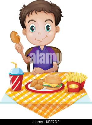 Illustration d'un jeune garçon de manger dans un restaurant de fast-food sur fond blanc Illustration de Vecteur