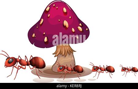 Illustration d'une colonie de fourmis près de la mushroom on a white background Illustration de Vecteur