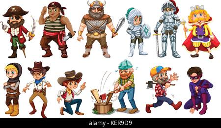 Les personnages masculins dans différents costumes Illustration de Vecteur