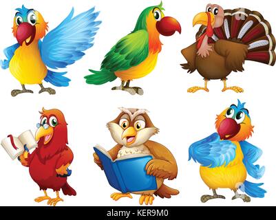 Illustration des créatures à plumes colorées sur un fond blanc Illustration de Vecteur