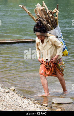 Transporter le bois femme Laos rural Banque D'Images