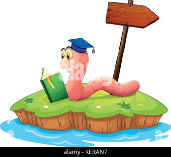 Illustration d'un ver de lire un livre sur une île sur un fond blanc Illustration de Vecteur