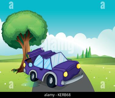 Illustration d'une voiture violette tapotant le grand arbre à la route Illustration de Vecteur