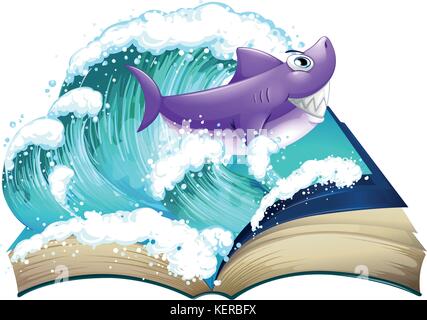 Illustration d'un conte avec un requin et une grosse vague sur fond blanc Illustration de Vecteur