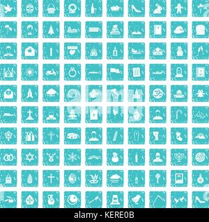 100 church icons set bleu grunge Illustration de Vecteur