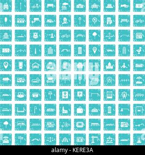 100 city icons set bleu grunge Illustration de Vecteur