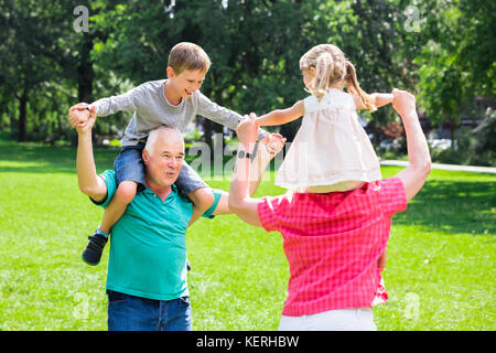 Heureux vieux grands-parents : Profitez de Piggyback Ride avec petits-enfants ensemble dans Park Banque D'Images