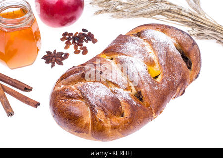 La challah, apple et le miel-illustration Roch hachana (nouvel an juif) sur fond blanc Banque D'Images