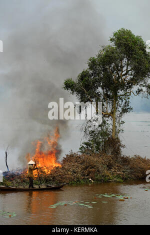 Femme Asiatique sur chaloupe, graver arbre sec, des feuilles sèches de saison dans les champs de nettoyage, brûlant d'une flamme sur causeway, voler à l'environnement sans fumée Banque D'Images