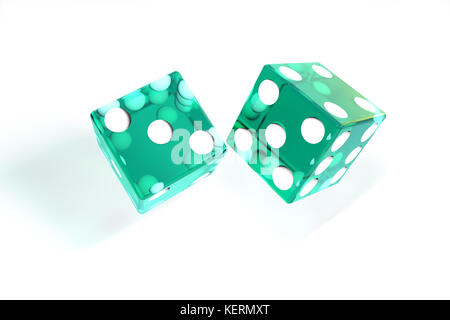 Illustration 3d : la qualité de l'image de rendu de matériel roulant turquoise transparent dés par des points. Les cubes dans la distribution. lance. Isolé sur fond blanc Banque D'Images