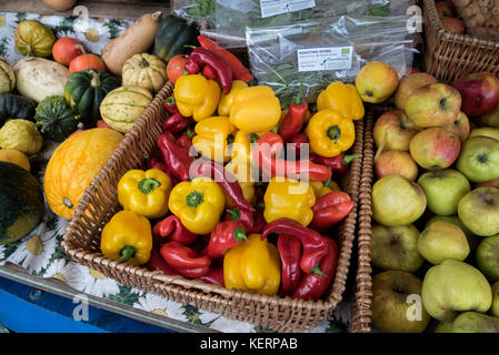 Affichage des pommes, des poivrons et des citrouilles au marché du fameraer, Castle Terrace, Édimbourg. Banque D'Images