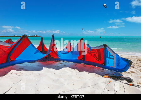 Le matériel de kite-surf sur le sable à long bay beach, Providenciales, l'un des plus populaires des Caraïbes kite-surf sites. dans les îles Turques et Caïques. Banque D'Images