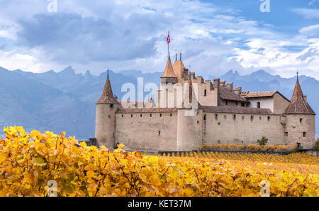 Aigle château entouré de vignes, Aigle, Vaud, Suisse Banque D'Images