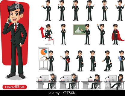 Ensemble de Businessman in costume noir cartoon character design avec différentes poses, isolé contre l'arrière-plan blanc. Illustration de Vecteur