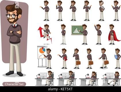 Ensemble de hipster businessman cartoon character design avec différentes poses, : avec sacoche de transport, isolé contre l'arrière-plan blanc. Illustration de Vecteur