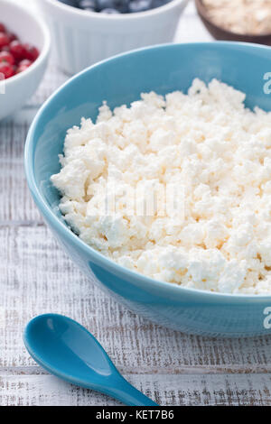 Les agriculteurs bio fromage, fromage cottage, fromage blanc, tvorog ou de ricotta dans un bol bleu vue rapprochée. Banque D'Images