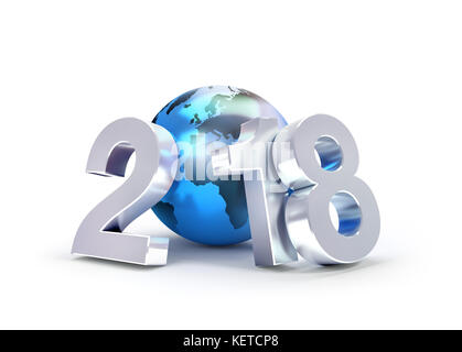 2018 Type nouvel an composé d'une planète terre bleue, isolé sur blanc - illustration 3D. Banque D'Images