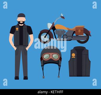 Motard et moto jaune classique à la veste et le casque bleu fond Illustration de Vecteur