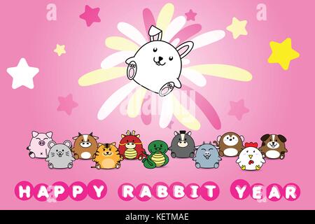 Bonne année pour l'année de lapin animal symbole zodiaque chinois horoscope dans cartoon vector illustration design Illustration de Vecteur