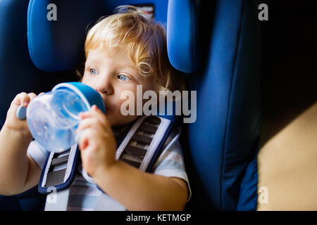 Petit garçon assis dans le siège auto dans la voiture, de l'alcool. Banque D'Images