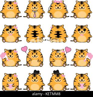 Lovely cute couple cartoon tiger collection avec divers icône vecteur charactor isoler Illustration de Vecteur